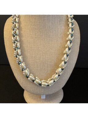 VTG Beaded Braided Necklace Plastic Faux Pearls & Metallic Blue Beads 33" Long